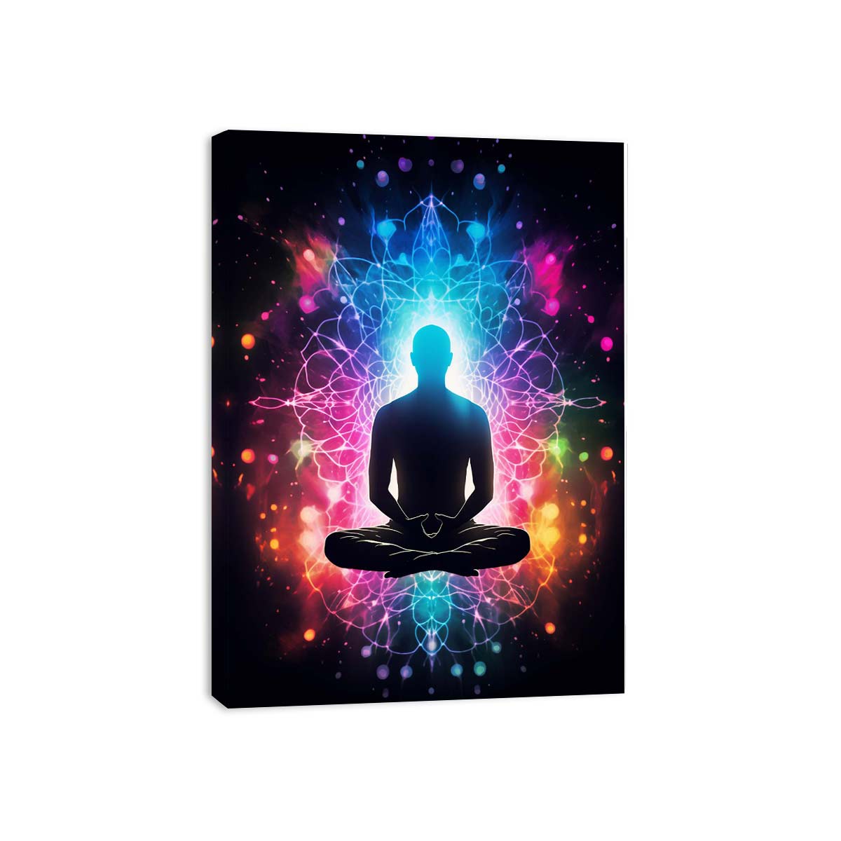 Colorful meditation canvas art with glowing aura and mandala energy for yoga room or bedroom decor.