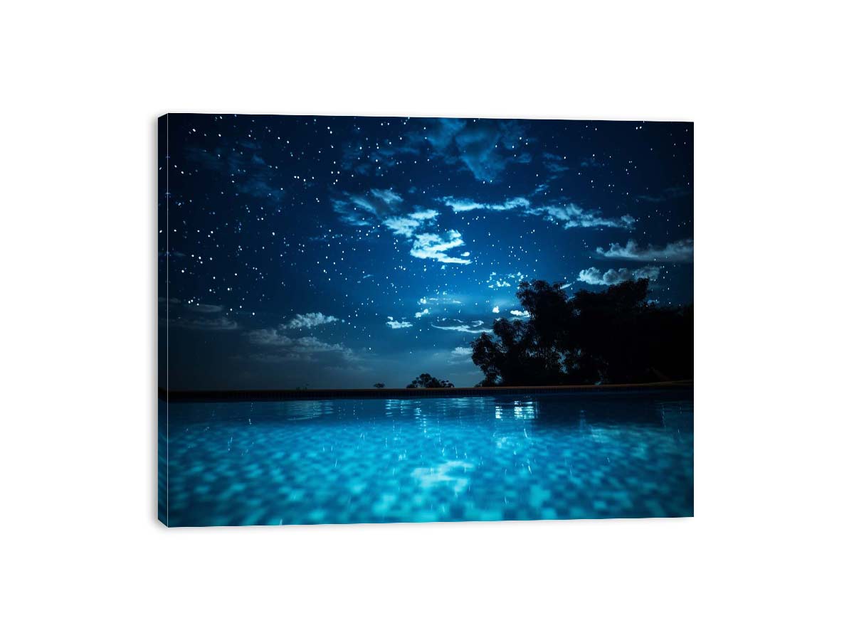 Celestial Pool Night star filled night sky above glowing turquoise pool water for modern home decor.