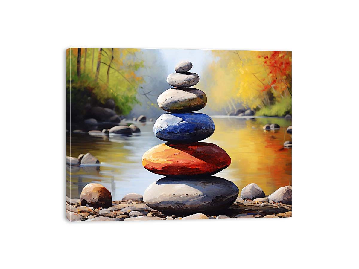 Balanced River Stones painted stacked stones in a shallow river for modern home decor.