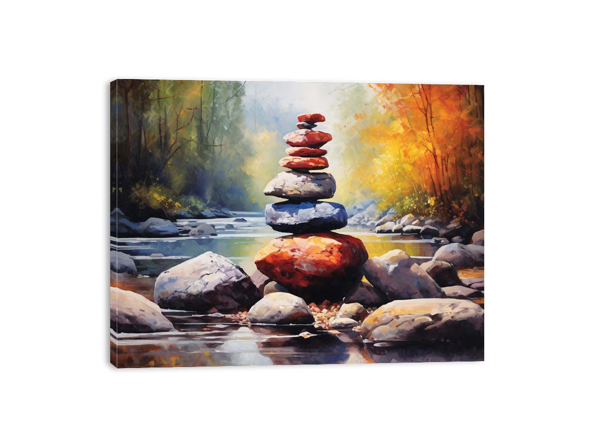 Zen Autumn Balance watercolor stacked river stones surrounded by autumn trees, glowing stream light, large rocks, and peacef