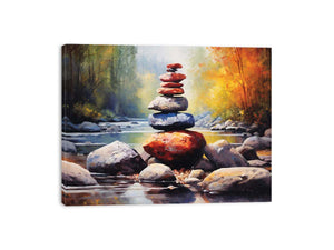 Zen Autumn Balance watercolor stacked river stones surrounded by autumn trees, glowing stream light, large rocks, and peacef