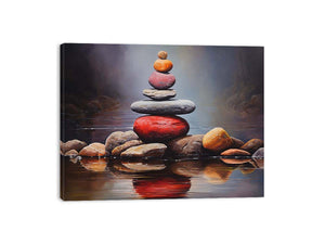 Quiet Stone Reflection moody stacked stones by still water for modern home decor.