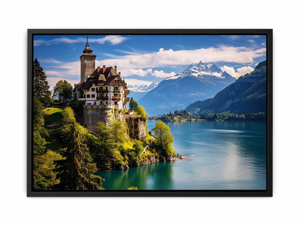 Swiss castle lake landscape canvas print for elegant office or living room decor.