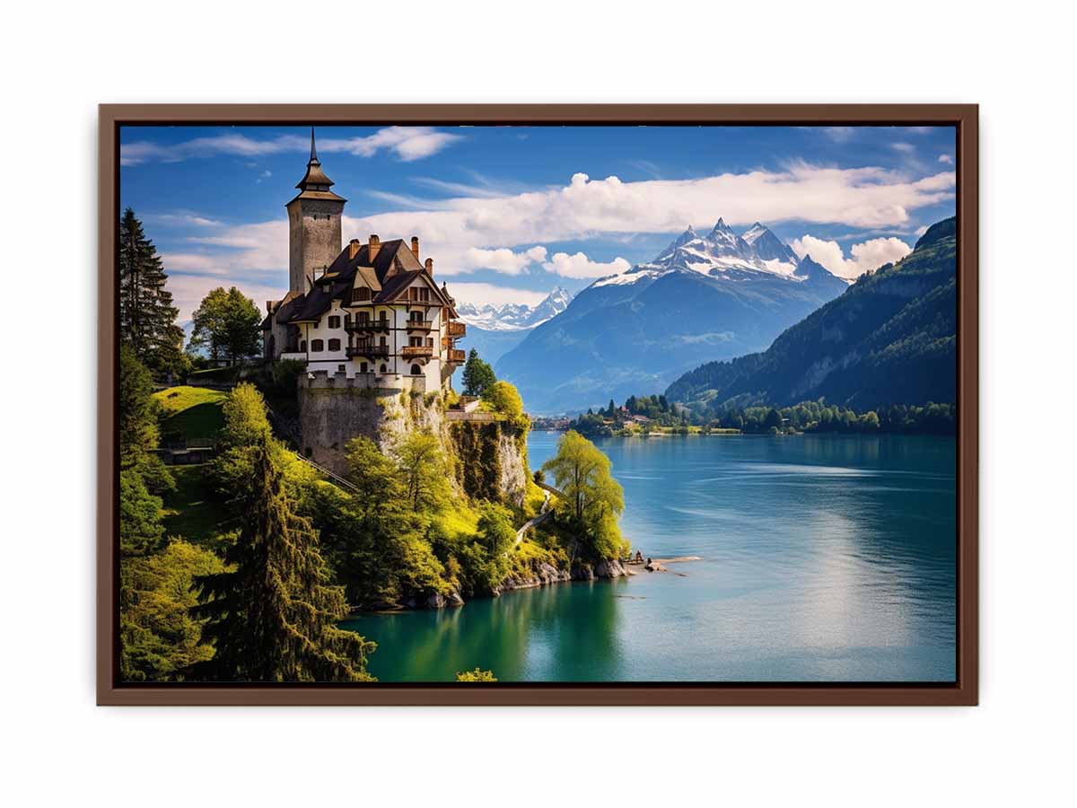 Swiss castle lake landscape canvas print for elegant office or living room decor.
