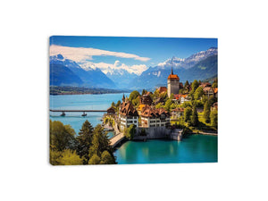 Swiss lakeside village canvas art with mountains for modern living room decor.
