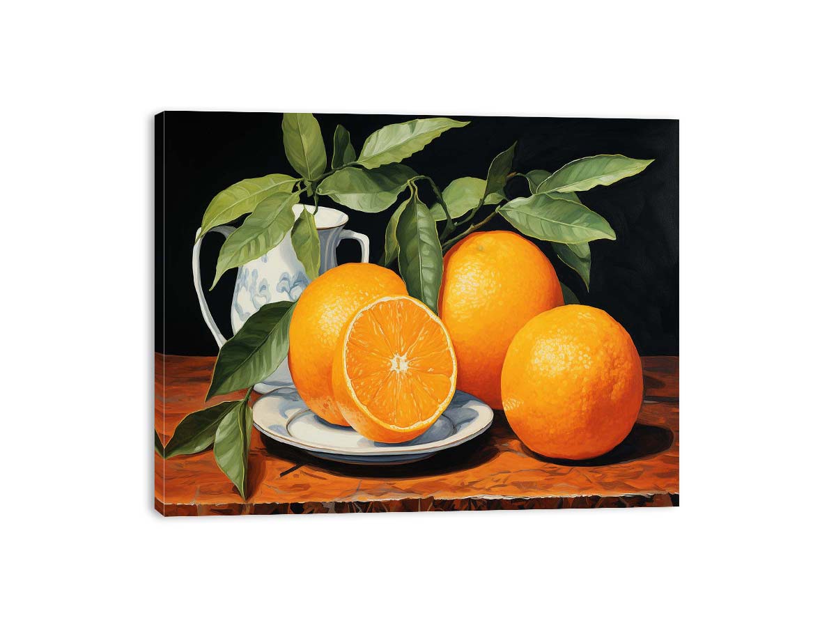 Orange still life canvas art with fruit and leaves for elegant kitchen decor.