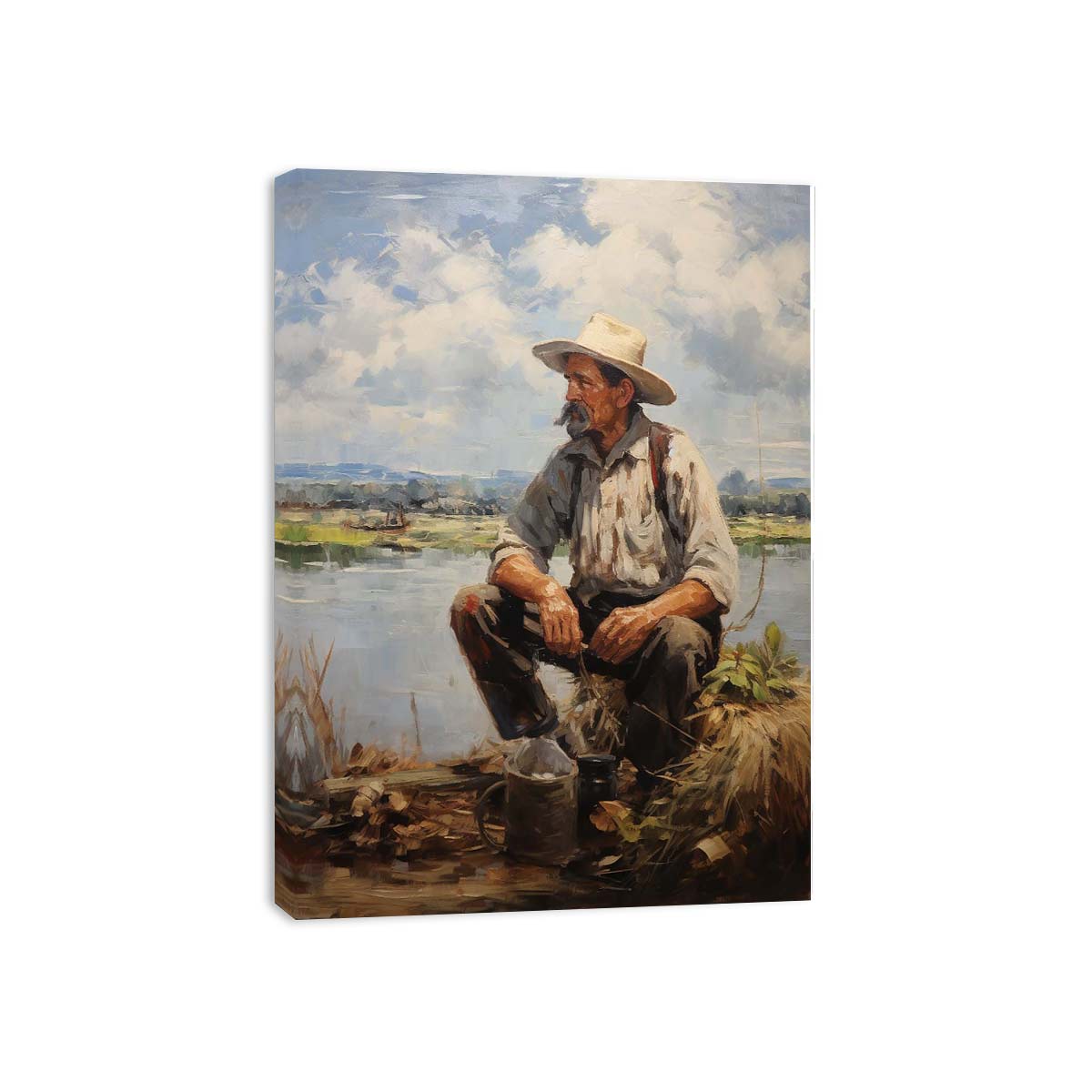 Rustic fisherman canvas painting for calm farmhouse office or living room decor.