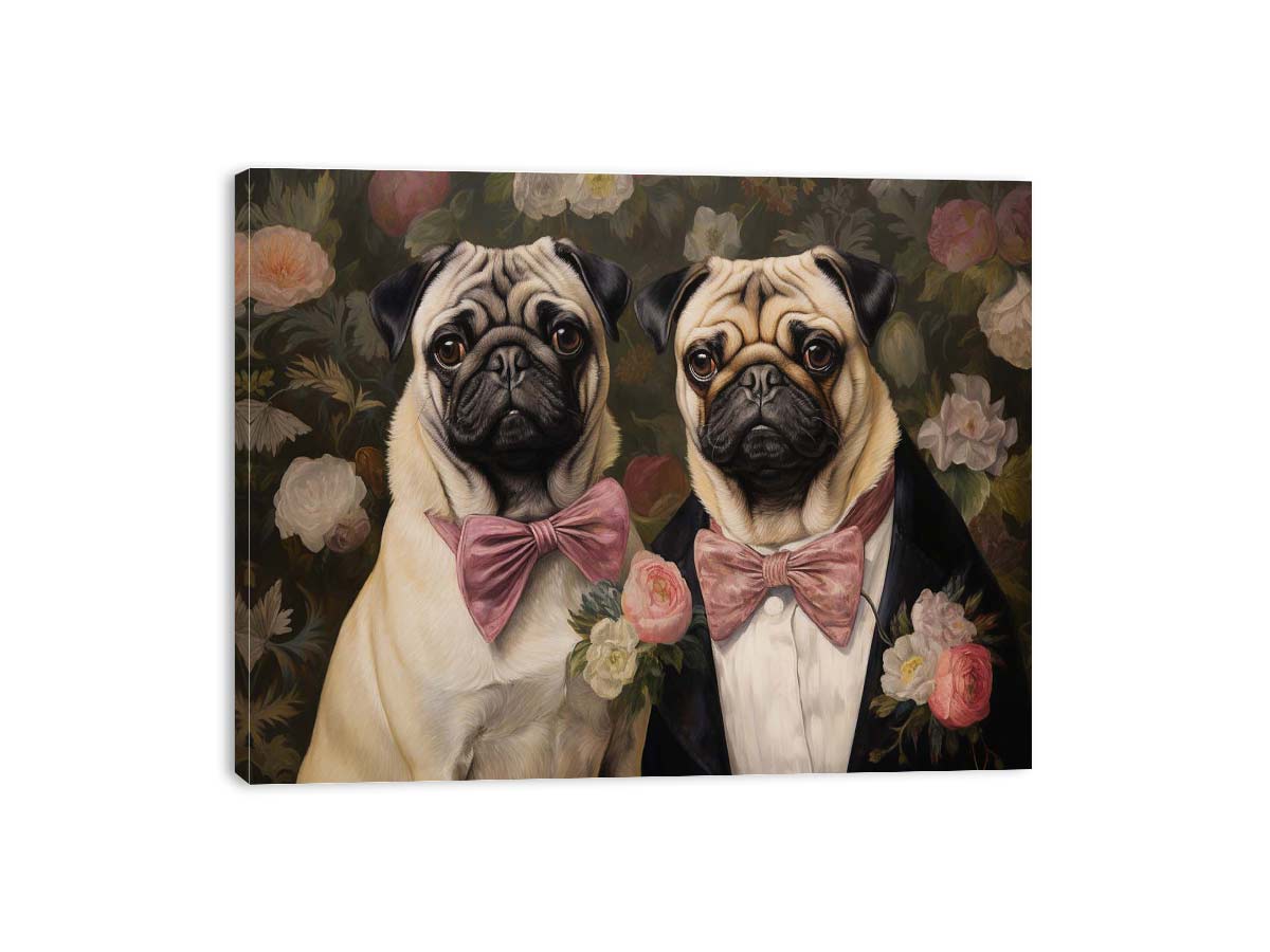 Two pug dogs with pink bows in floral vintage canvas art for cozy home decor.
