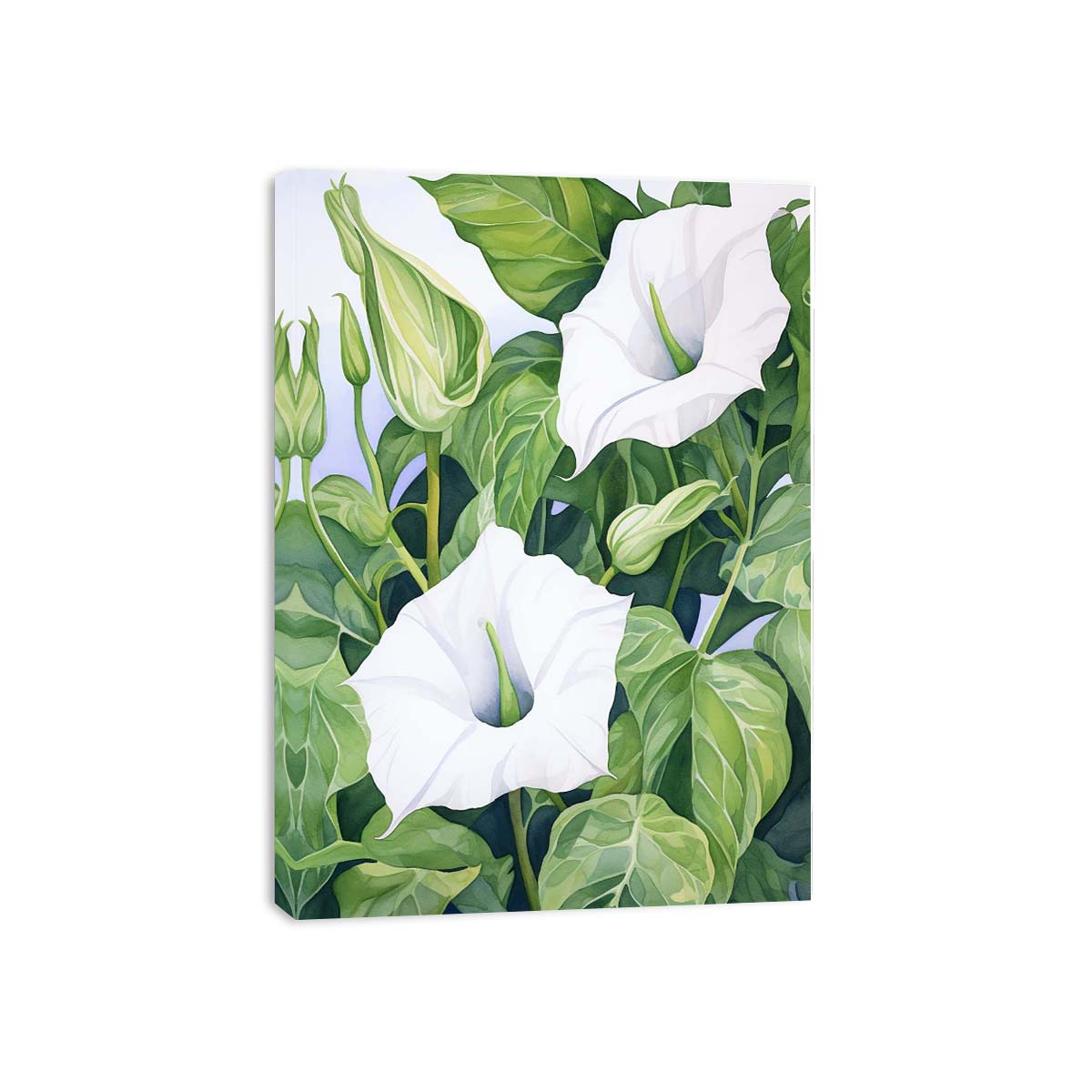 White trumpet flower botanical canvas artwork for calm green bedroom decor.