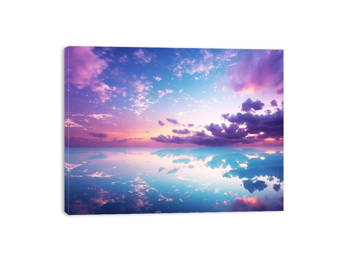Pastel sky reflection canvas art for serene bedroom and coastal decor.