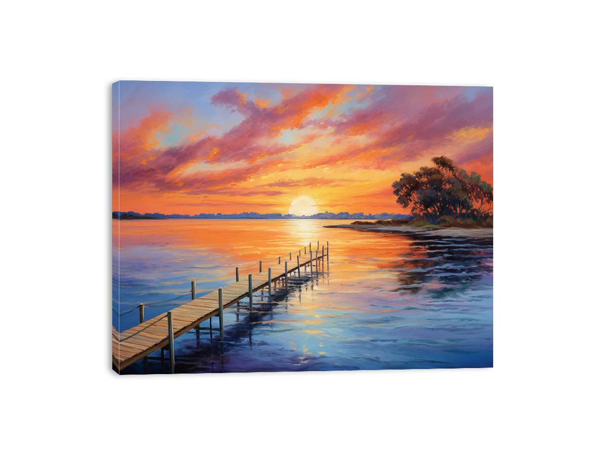 Sunset jetty canvas painting for warm coastal living room decor.