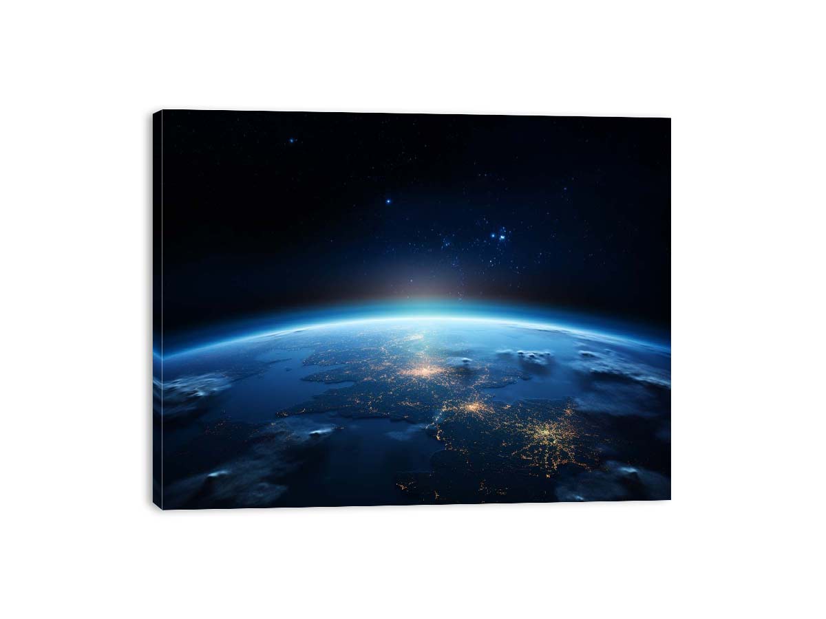 Earth night canvas print with city lights and stars for office wall decor.