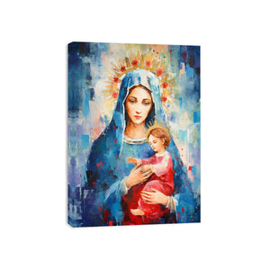 Colorful Virgin Mary artwork with child and halo for nursery or bedroom decor.