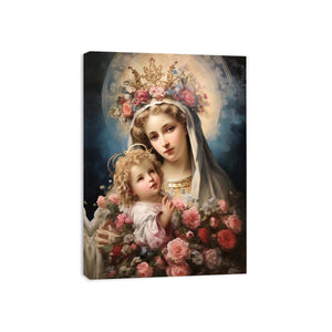 Virgin Mary floral canvas with child, roses, crown, and halo for elegant room decor.