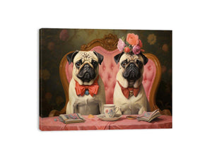 Two pugs at tea table with floral vintage details for charming kitchen or dining decor.