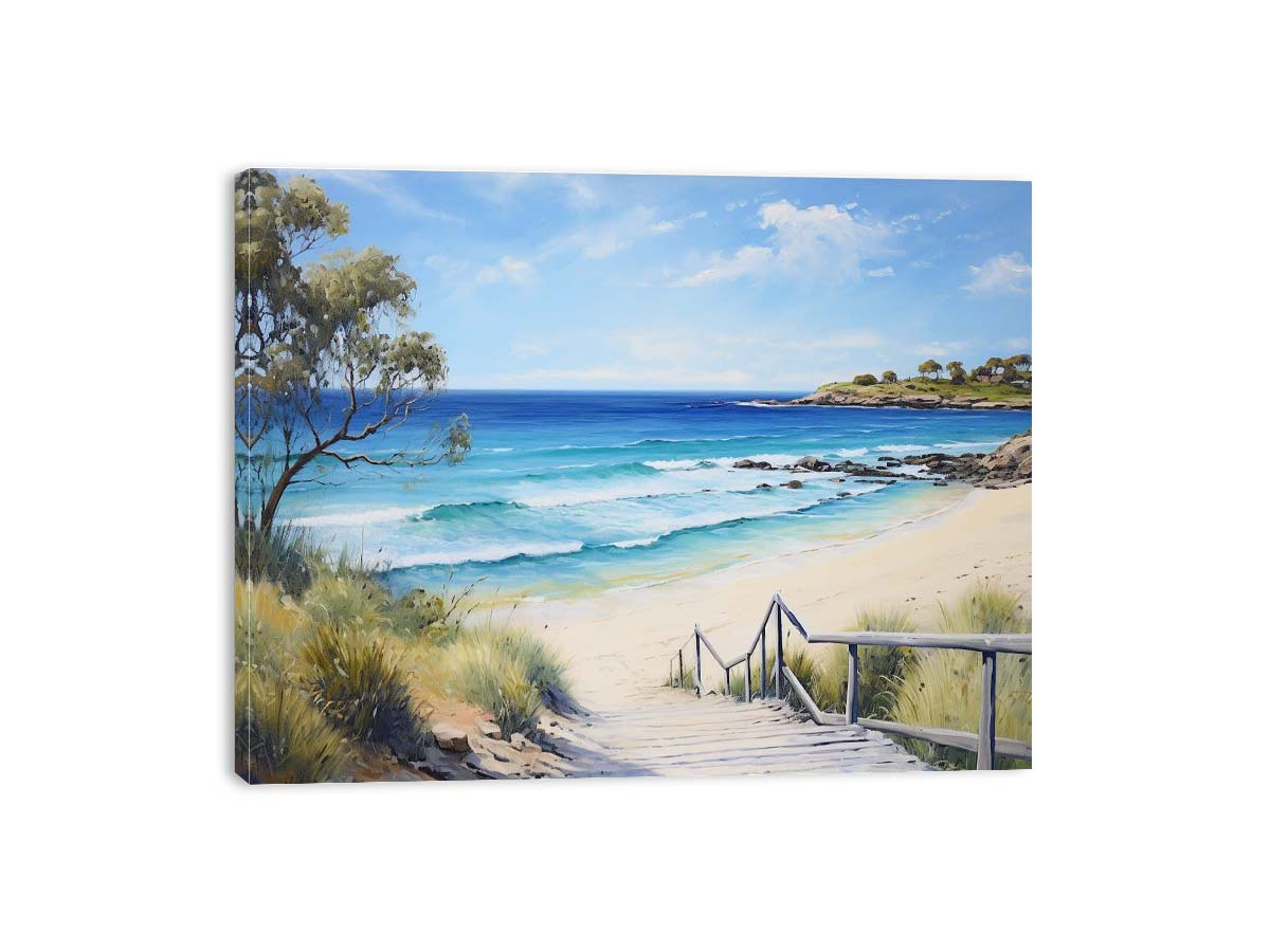 Beach path canvas print with turquoise waves and stairs for coastal living room decor.