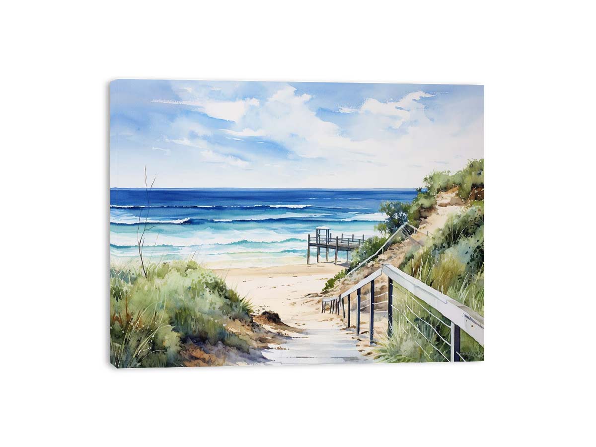 Coastal beach path artwork with stairs, dunes, and blue ocean for bedroom decor.