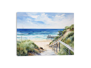 Coastal beach path artwork with stairs, dunes, and blue ocean for bedroom decor.