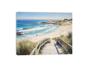 Beach stairway canvas art with ocean waves and dunes for coastal home decor.