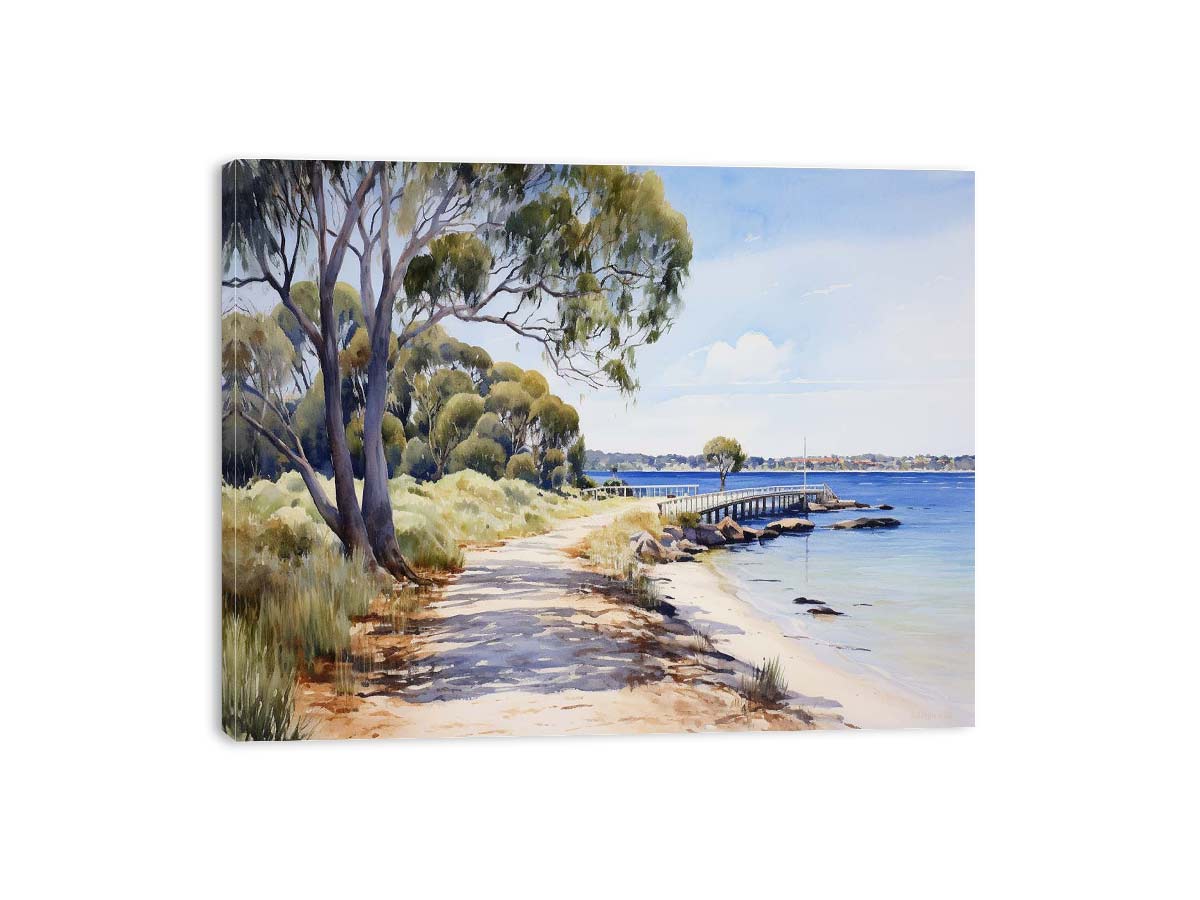 Coastal jetty landscape canvas with trees and calm blue bay for living room decor.