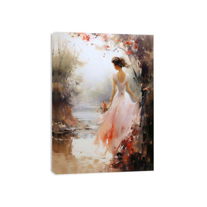 Ethereal woman canvas print in blush dress with flowers for bedroom wall decor.