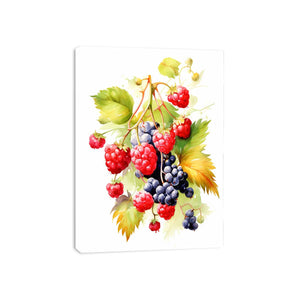 Berry botanical canvas print with raspberries, grapes, and green leaves for kitchen decor.