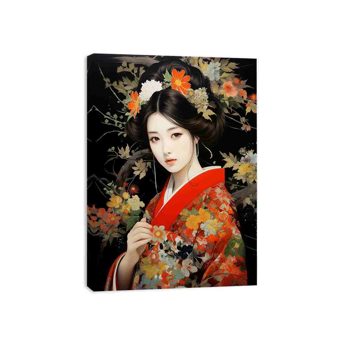 Japanese floral woman portrait canvas art for bedroom decor.