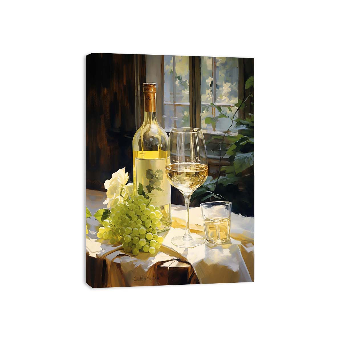White wine bottle and grapes canvas art for dining room decor.