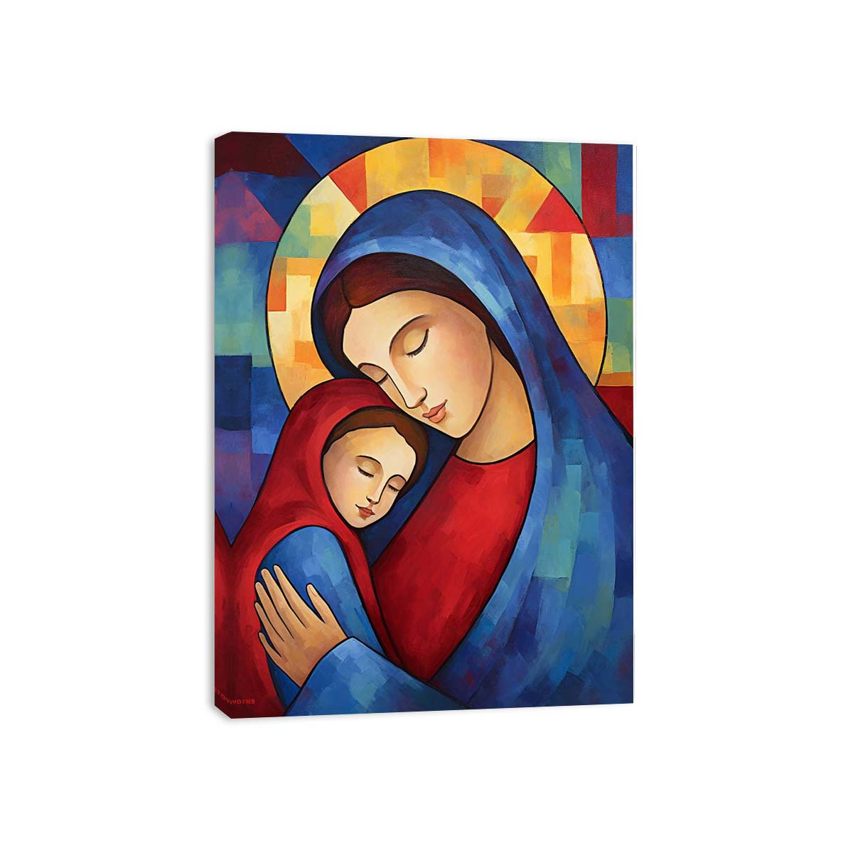 Modern Mother Mary and child canvas art for nursery decor.