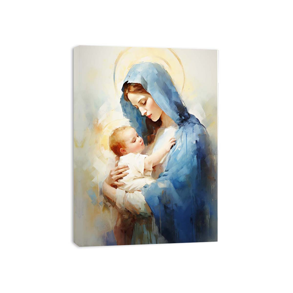 Virgin Mary and baby watercolor canvas art for nursery decor.