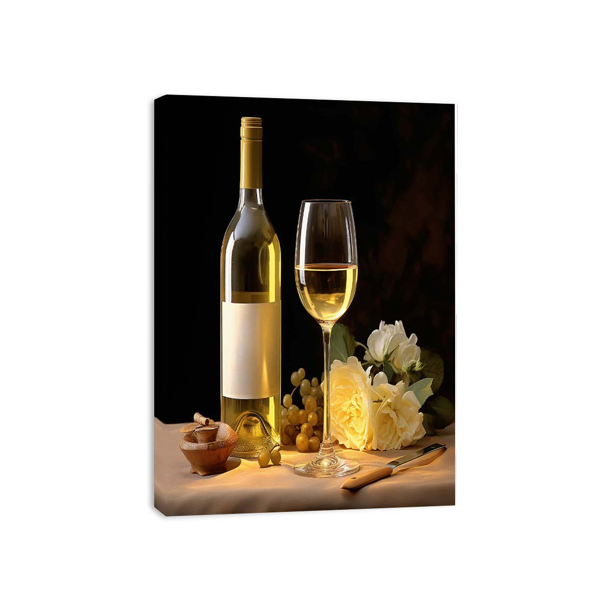 Elegant white wine and roses still life canvas art for dining room or home bar decor.