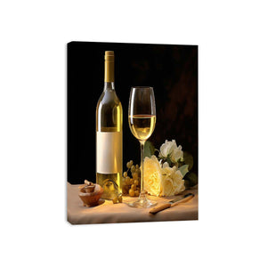 Elegant white wine and roses still life canvas art for dining room or home bar decor.