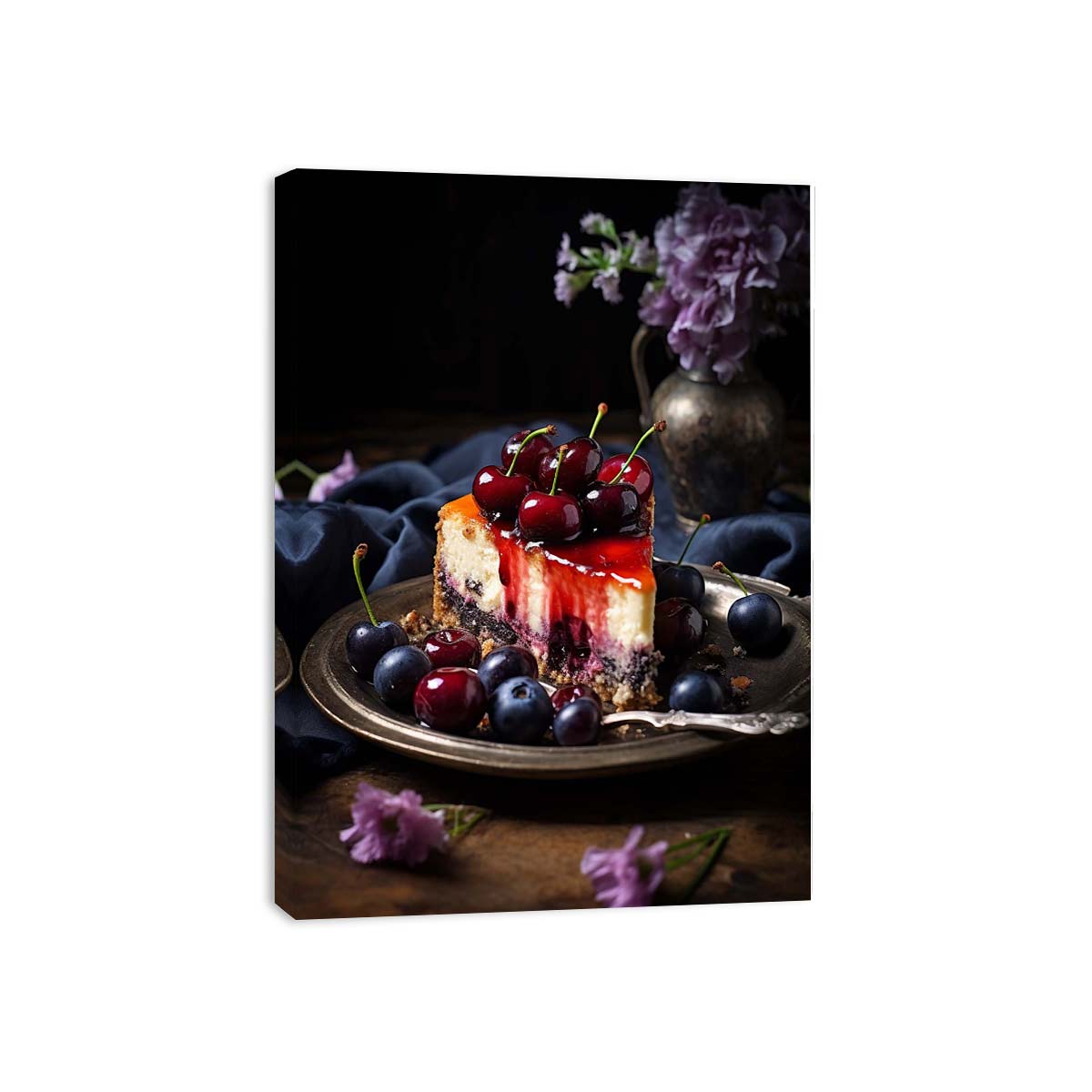 Moody cherry cheesecake still life canvas art for kitchen or dining room decor.