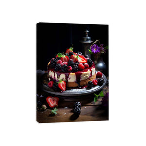 Dramatic berry cheesecake canvas art for kitchen, dining room, or cafe style decor.