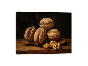 Rustic walnut still life canvas art with warm wood tones for kitchen decor.