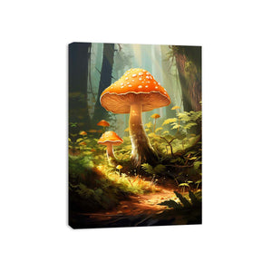 Orange mushroom fantasy canvas art in a misty forest for cozy living room decor.