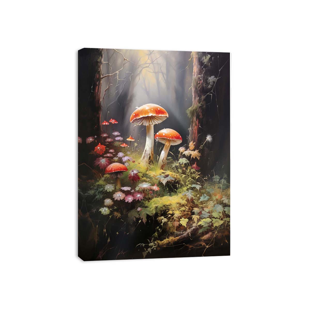 Red mushroom woodland canvas art with wildflowers for soft bedroom or nursery decor.