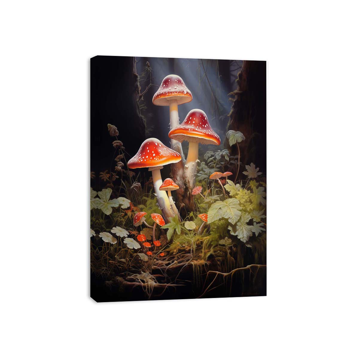Crimson mushroom fantasy canvas art with forest leaves for eclectic living room decor.
