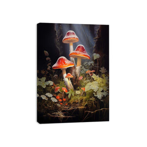 Crimson mushroom fantasy canvas art with forest leaves for eclectic living room decor.