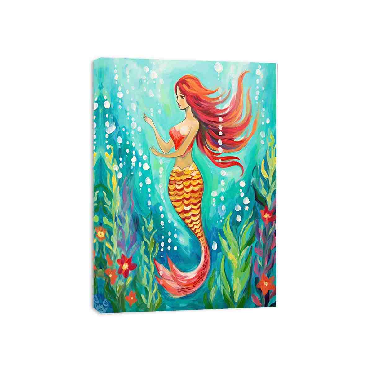 Whimsical mermaid canvas art in teal underwater tones for bathroom or coastal bedroom decor.