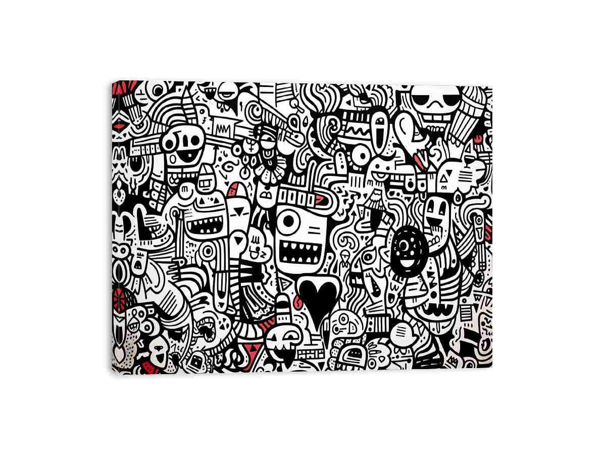 Black and white doodle canvas art with red accents for creative office or teen room decor.