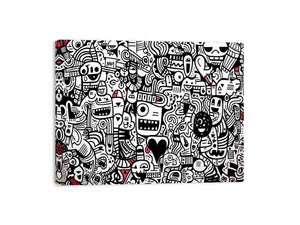 Black and white doodle canvas art with red accents for creative office or teen room decor.