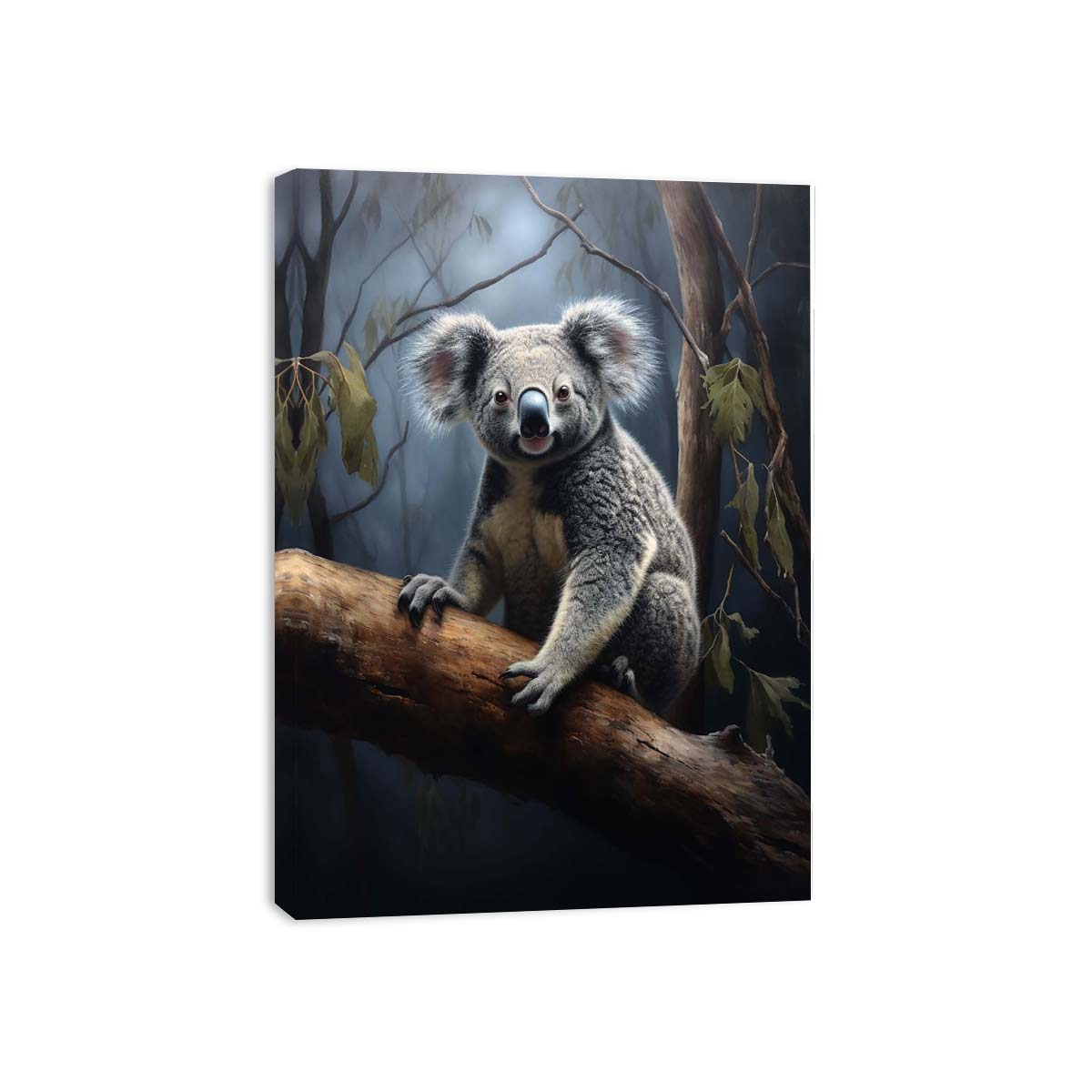 Realistic koala canvas art on eucalyptus branch for nursery or living room decor.