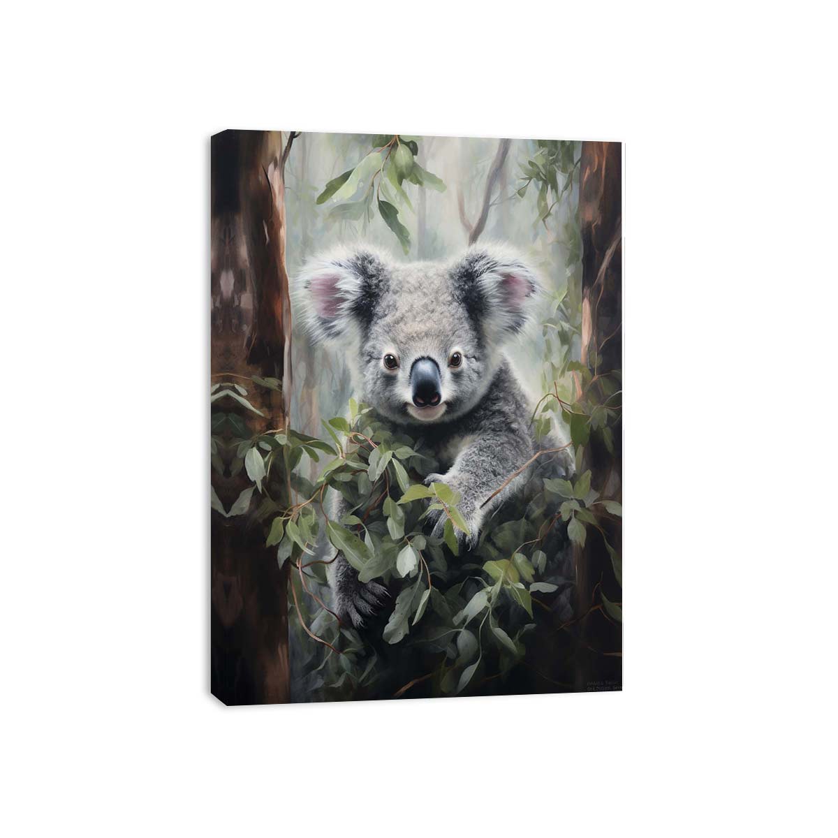 Soft koala canvas art with eucalyptus leaves for nursery, bedroom, or calming home decor.