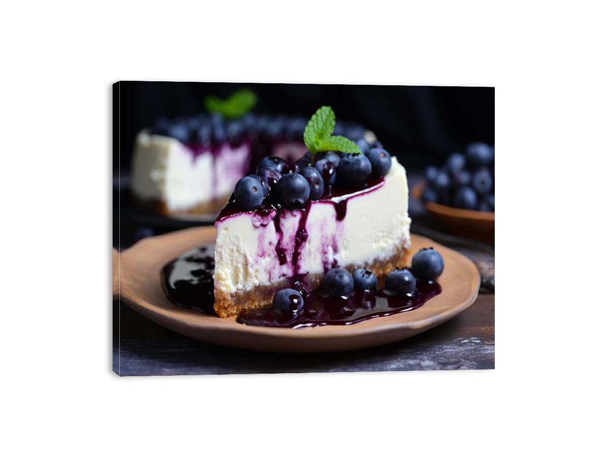 Blueberry cheesecake canvas art with dessert styling for kitchen or dining room decor.