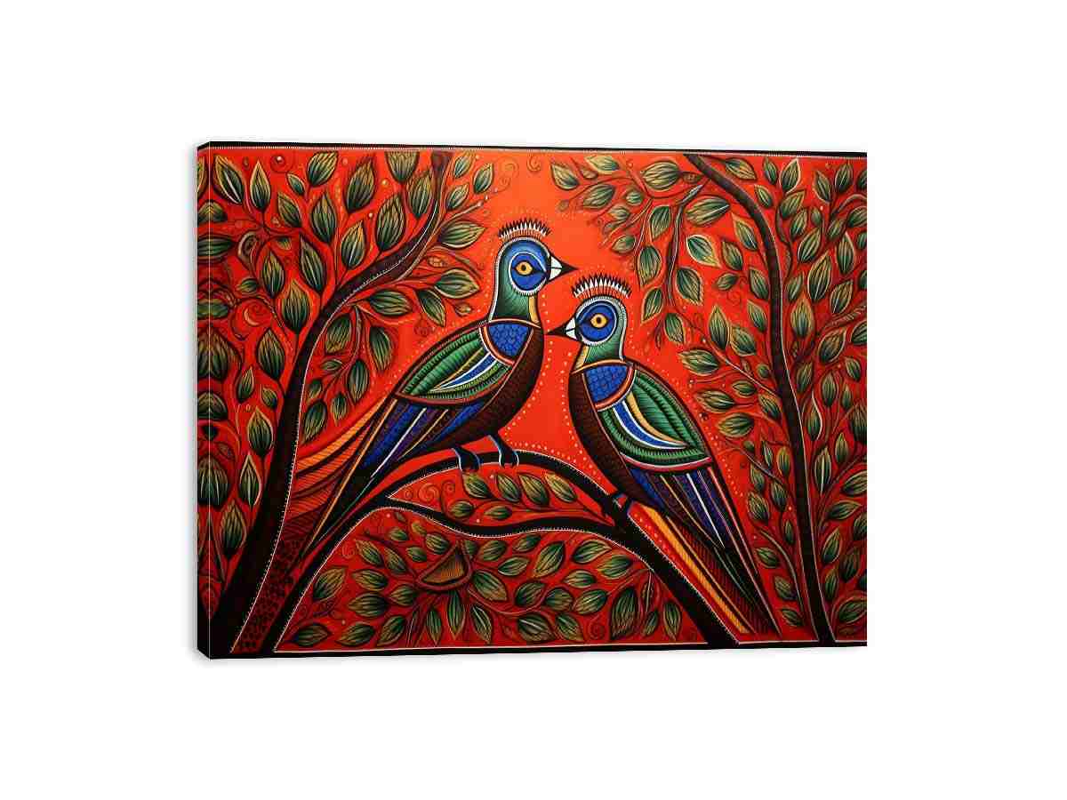 Colorful Madhubani bird pair canvas art with leafy branches for vibrant home decor.