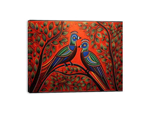 Colorful Madhubani bird pair canvas art with leafy branches for vibrant home decor.