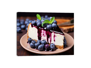 Close-up blueberry cheesecake wall art for kitchen, café, or dining room decor.