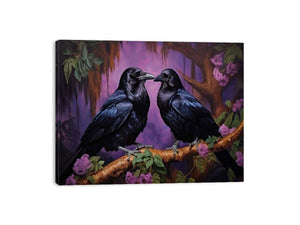 Two black ravens on a branch with purple flowers for moody room decor.