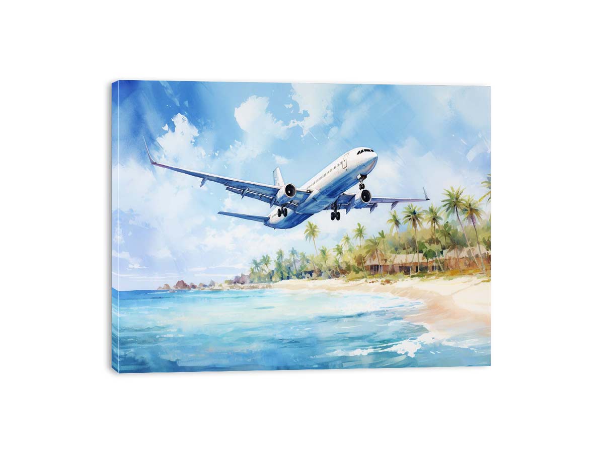 White airplane over turquoise beach canvas art for coastal room styling.